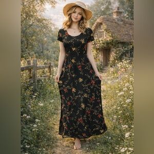 VTG Byer California Green Maxi Tie Back Dress Red Gold Floral Print Y2K modest